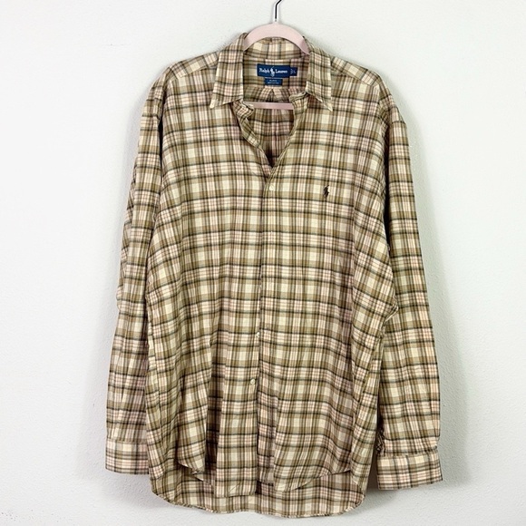 Ralph Lauren Button Down Shirt Brown Beige Plaid Blake Vintage size Large - Picture 1 of 7
